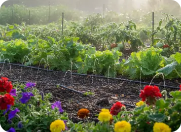 Vegetable garden rows watered by drip irrigation