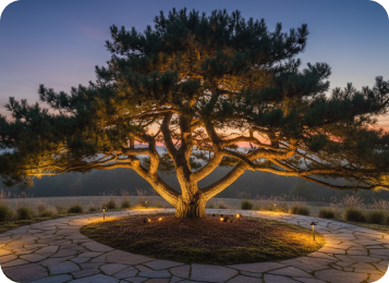 Mature tree uplit by landscape lighting at dusk